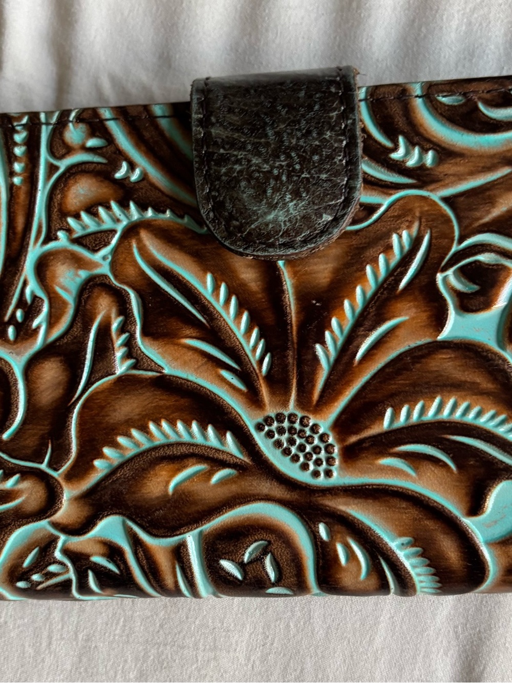 Patricia Nash Turquoise and Brown Floral Tooled Leather Wallet